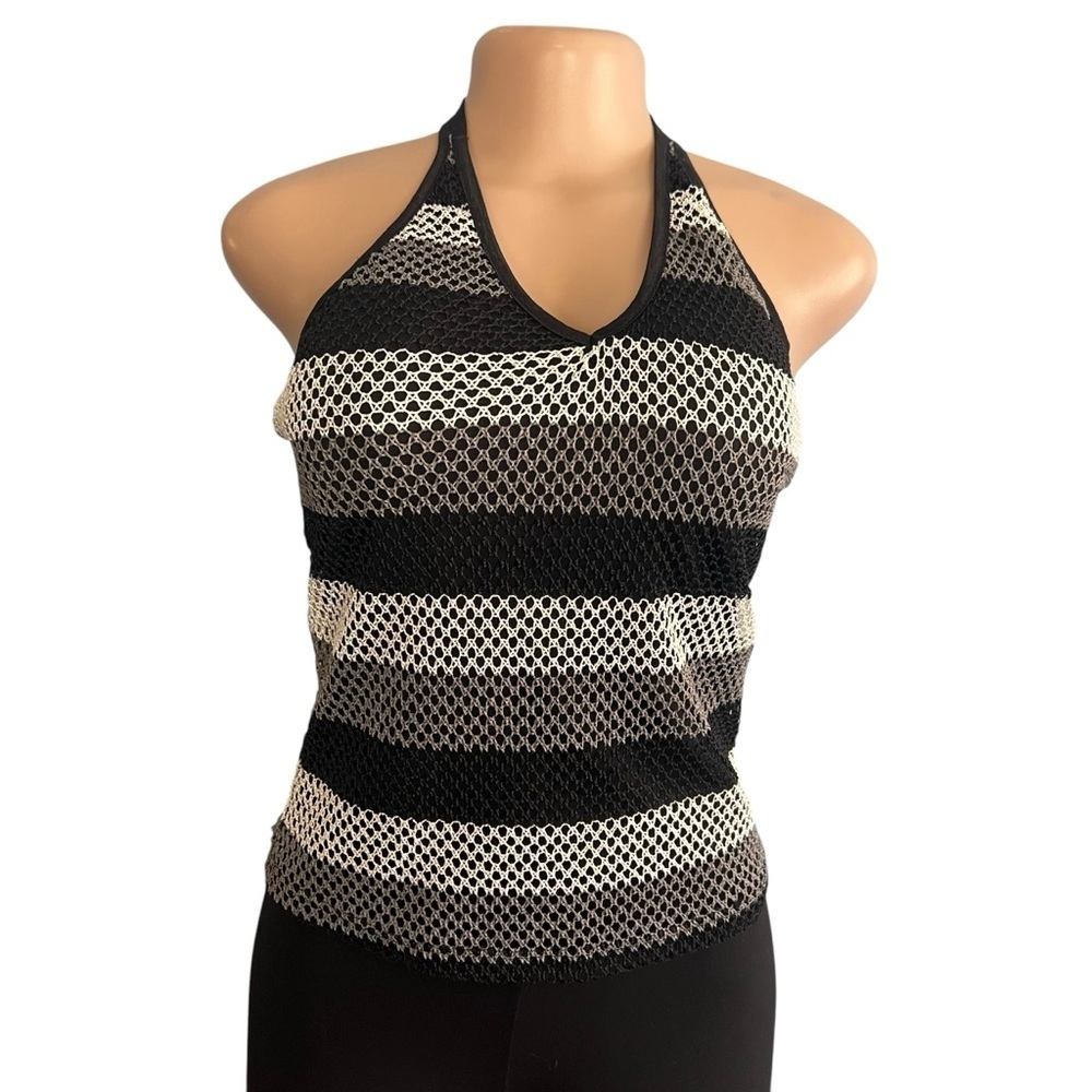 Wild Cat USA Y2K Black and White Striped Halter Neck Mesh Top - Picture 3 of 8